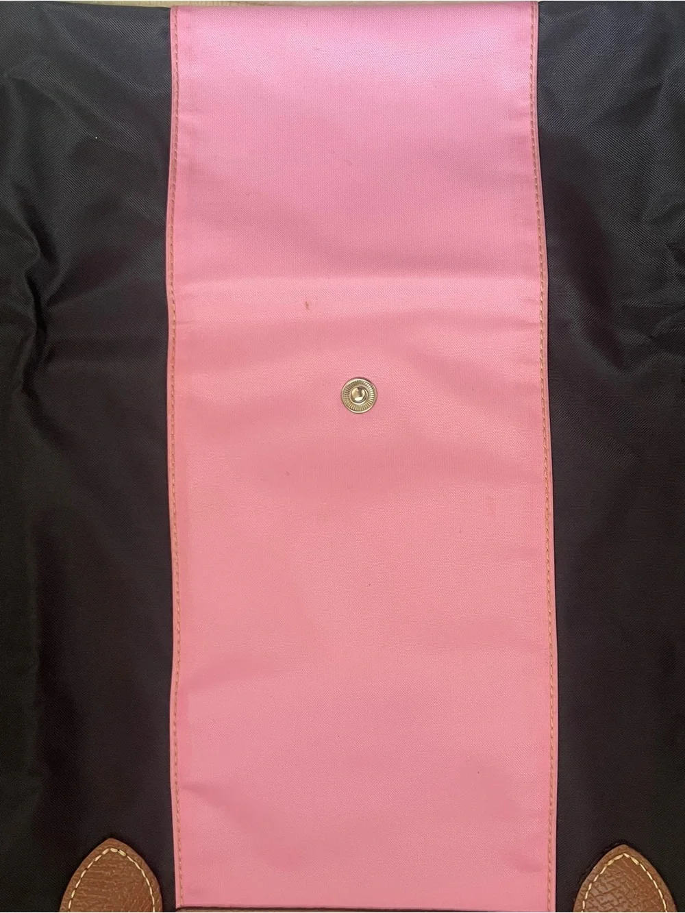 Longchamp Nylon Tote in Black with Pink Center Stripe and Brown Leather Strap